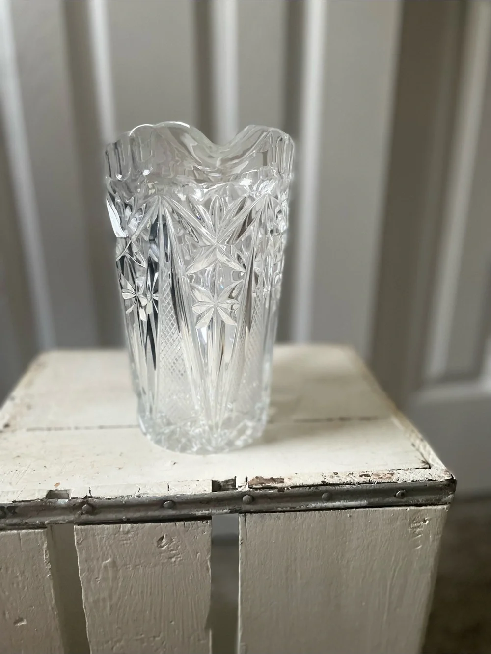 Vintage Glass Lead Crystal Water Pitcher Vase with Etched Flowers